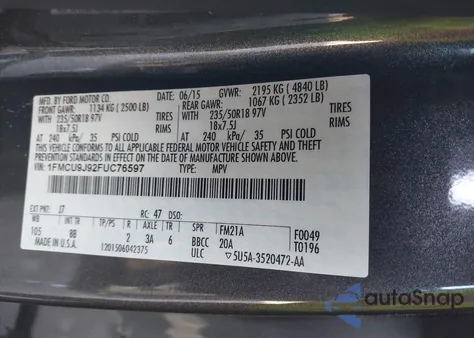 2015 Ford Escape Titanium from USA, damaged, VIN 1FMCU9J92FUC76597